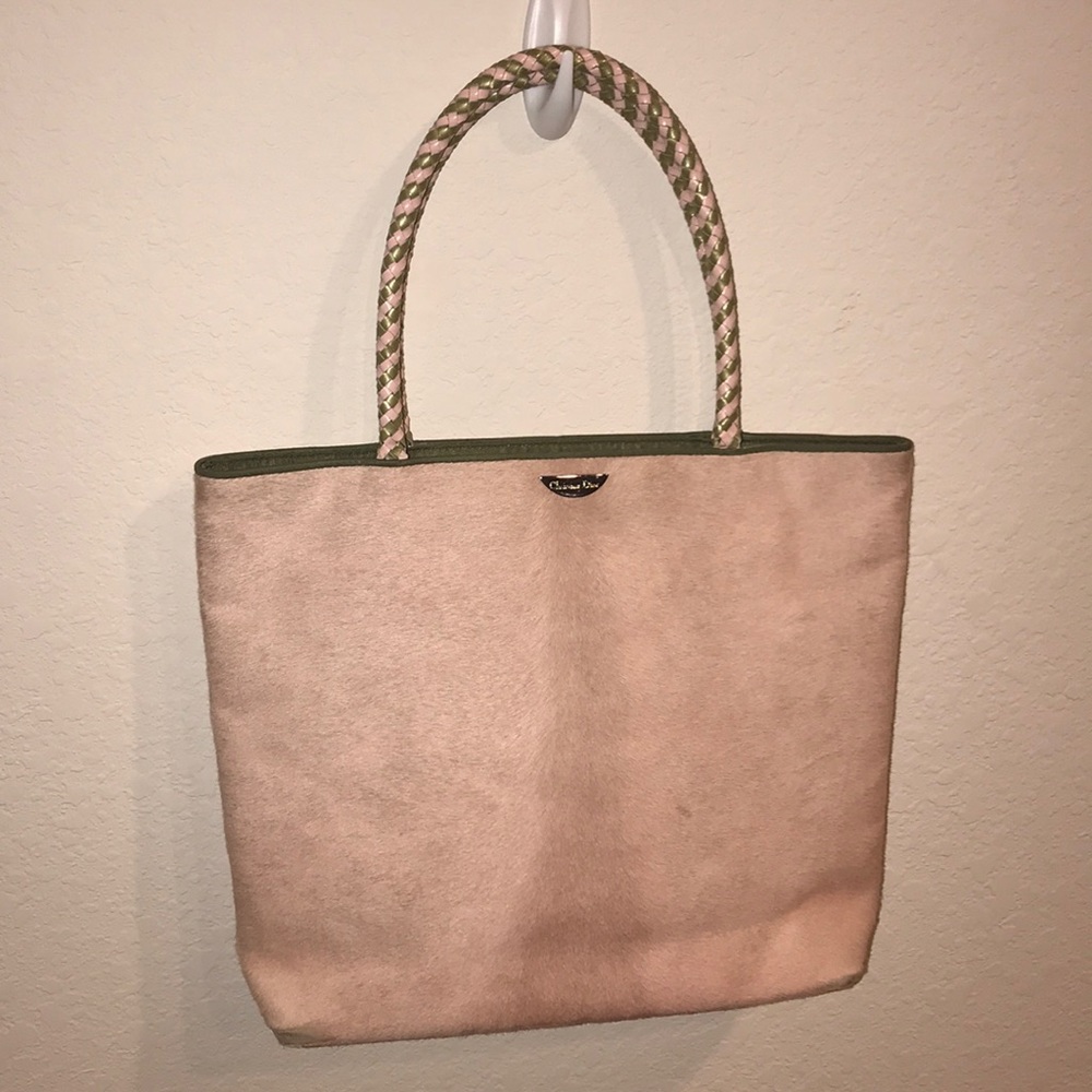 Christian Dior pink VINTAGE pony hand bag with green interior